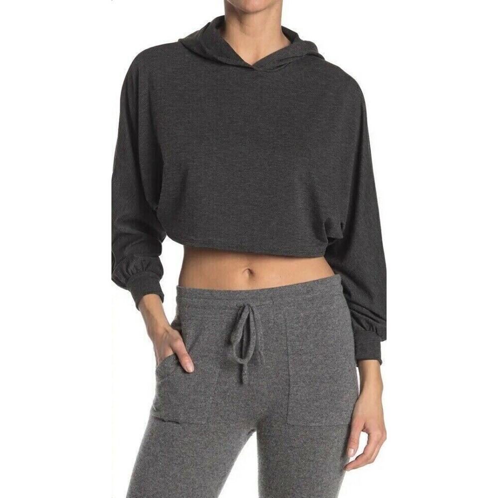 Lush Women's Long Sleeve French Terry Boxy Crop Hoodie In Charcoal Medium